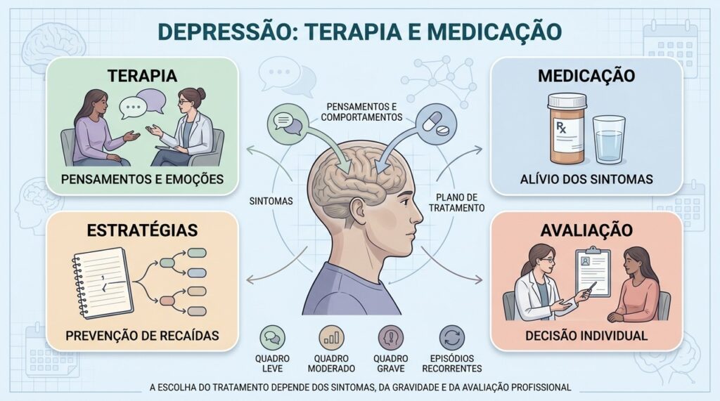 Terapia, medicação, estratégias e avaliação profissional podem compor o tratamento da depressão.