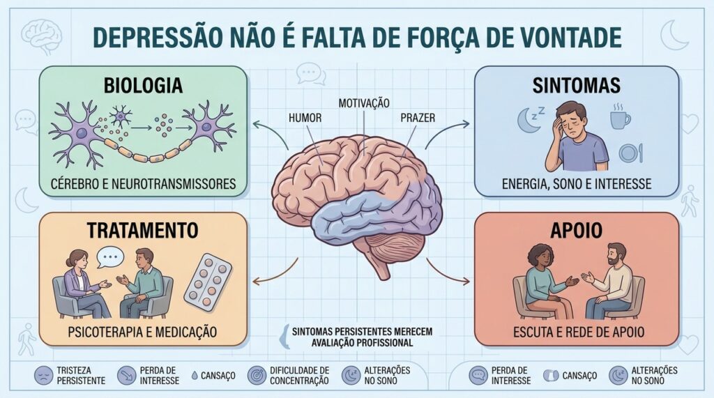 Biologia, sintomas, tratamento e apoio explicam por que depressão exige cuidado profissional.