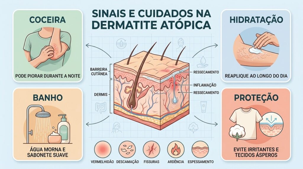 Hidratação, banhos mornos, produtos suaves e proteção ajudam a controlar as crises.