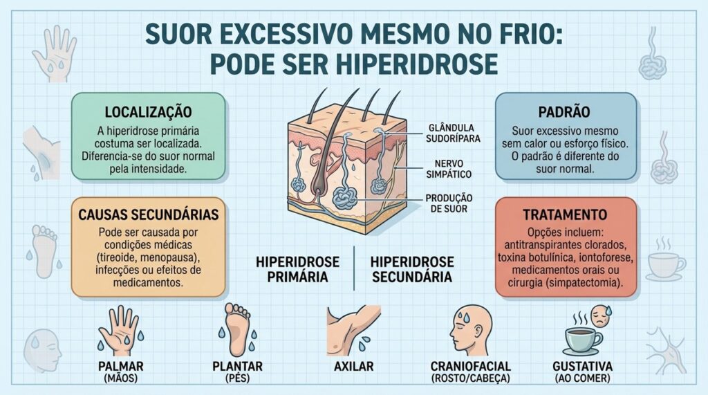 Localização, padrão, causas secundárias e tratamentos ajudam a identificar e controlar a hiperidrose.