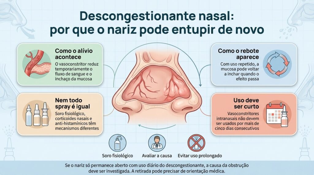 O uso prolongado de vasoconstritores nasais pode manter um ciclo de alívio rápido seguido por congestão de rebote.