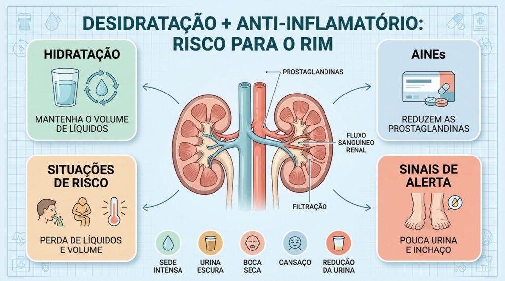 Desidratação e AINEs podem reduzir o fluxo renal e favorecer lesão aguda.