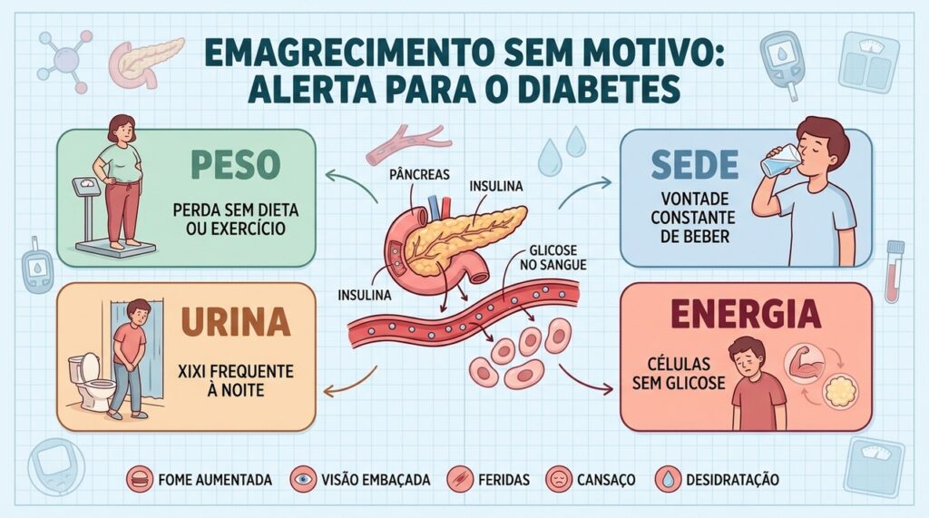 Perda de peso, sede, urina frequente e cansaço podem acompanhar o diabetes descompensado.