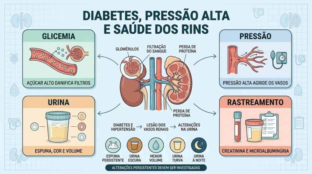Glicemia, pressão, urina e exames ajudam a acompanhar a saúde renal.