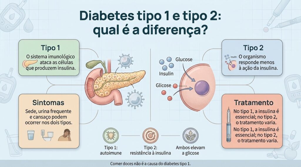 O tipo 1 é autoimune, enquanto o tipo 2 envolve principalmente resistência à insulina e redução progressiva da sua produção.