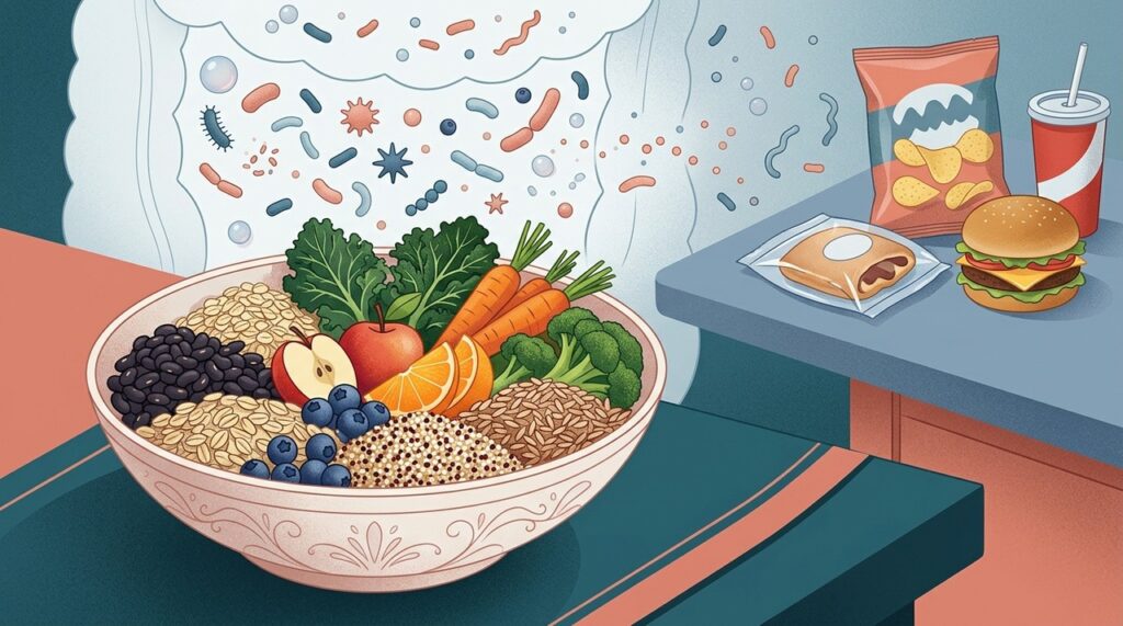 Dietas variadas e ricas em fibras oferecem diferentes substratos para os microrganismos do intestino.
