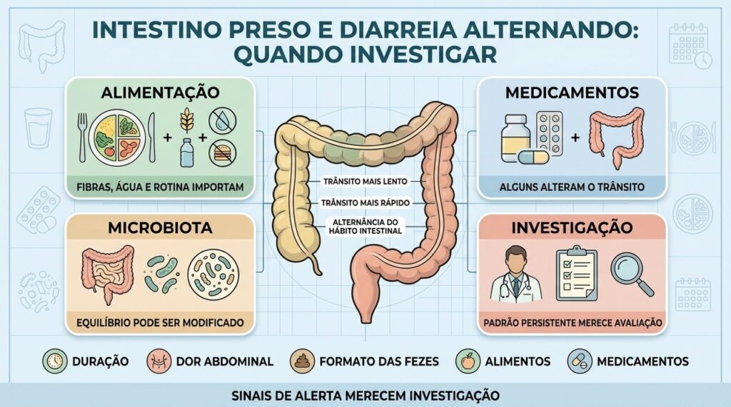 Alimentação, medicamentos, microbiota e sinais de alerta ajudam a orientar a investigação intestinal.
