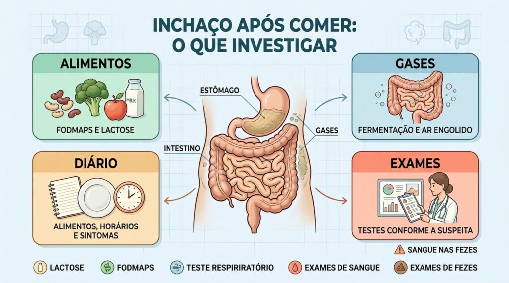 Alimentos, gases, intolerâncias e intestino irritável podem explicar o inchaço após as refeições.