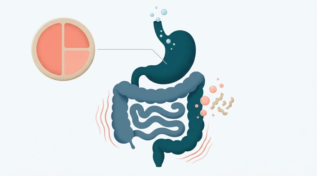 Esquema ilustrado do aparelho digestivo mostrando ar engolido, fermentação intestinal e outros fatores ligados ao inchaço.