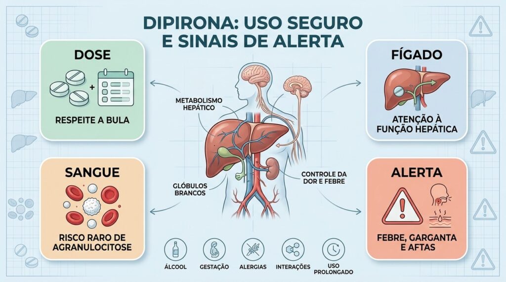 Dose, duração, metabolismo hepático e sinais hematológicos orientam o uso responsável da dipirona.