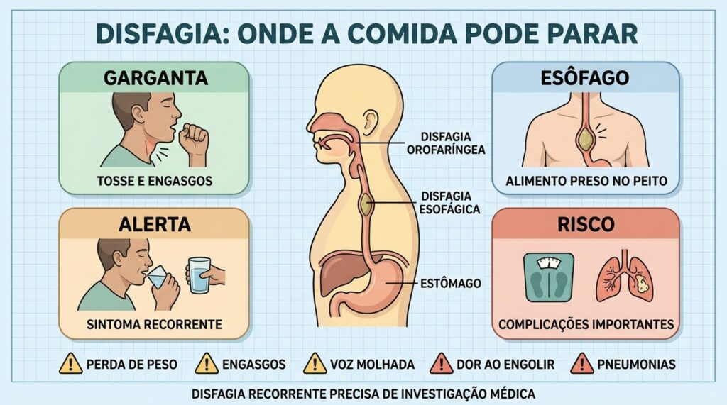Garganta, esôfago, engasgos e sinais de alerta ajudam a reconhecer disfagia.