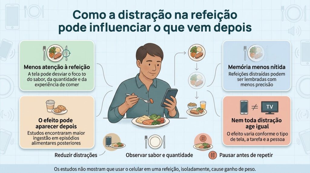 Estudos sugerem que refeições distraídas podem afetar atenção e memória e, em algumas situações, aumentar o consumo mais tarde.