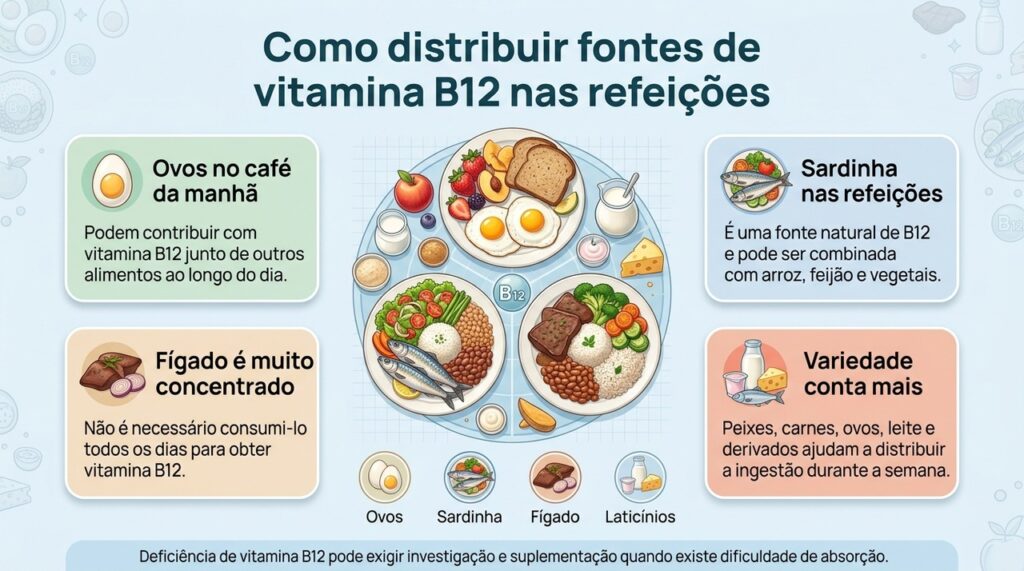 Variar entre ovos, peixes, carnes e laticínios ajuda a distribuir a ingestão de vitamina B12 ao longo das refeições.