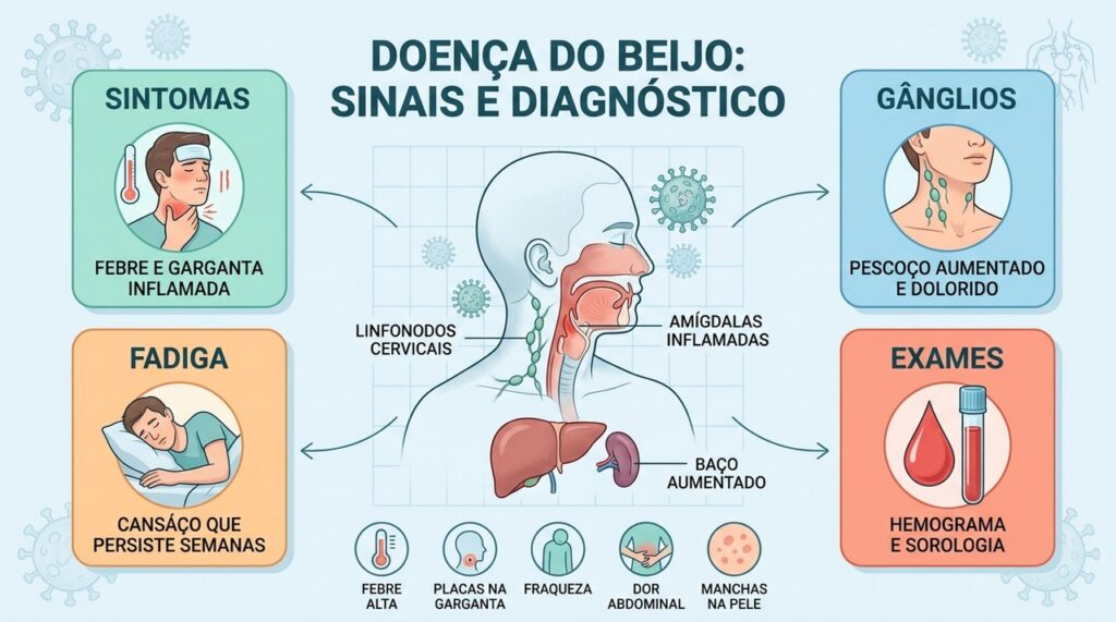 Sintomas persistentes, alterações nos gânglios e exames de sangue orientam o diagnóstico da mononucleose.