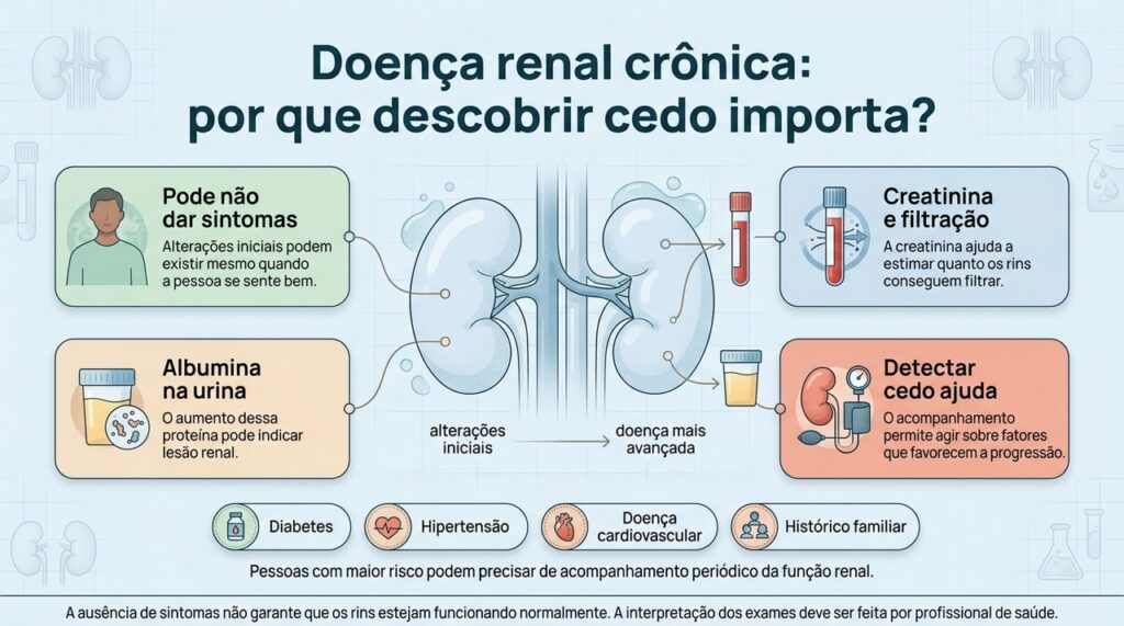 Creatinina, taxa de filtração estimada e albumina na urina ajudam a identificar alterações renais de forma precoce.