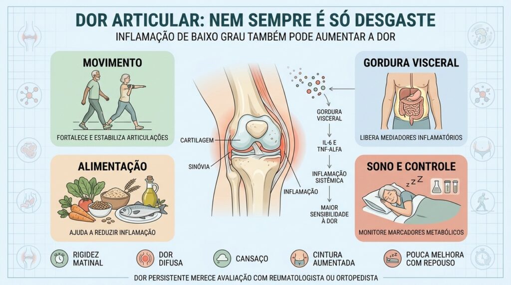 Movimento, gordura visceral, alimentação e sono influenciam inflamação e dor articular.