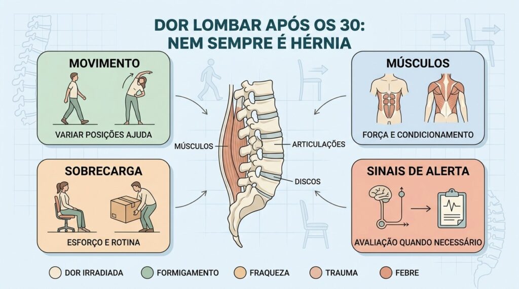 Movimento, força muscular, sobrecarga e sinais neurológicos ajudam a orientar a avaliação.