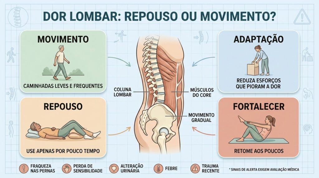 Movimento, adaptação, repouso breve e fortalecimento orientam a recuperação da dor lombar.