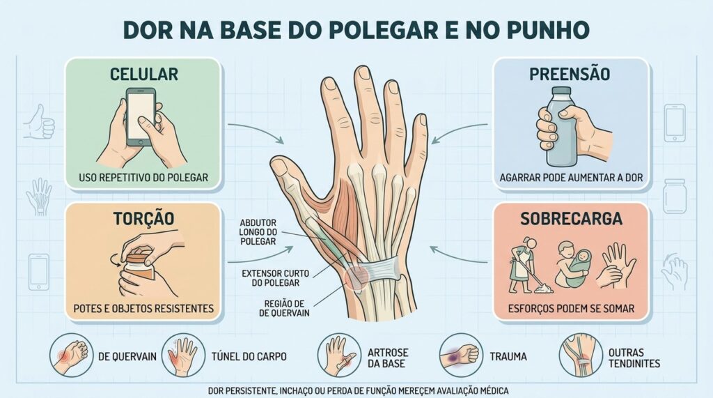 Celular, preensão, torção e sobrecarga podem irritar os tendões do polegar.