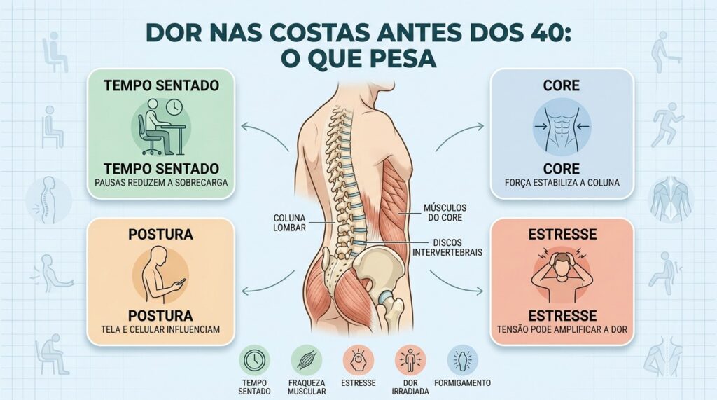Tempo sentado, fraqueza muscular, postura e estresse podem contribuir para a dor lombar precoce.