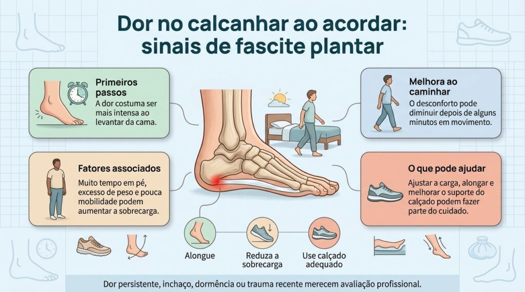 Reconhecer cedo o padrão de dor nos primeiros passos pode ajudar a investigar fascite plantar antes que a sobrecarga se prolongue.