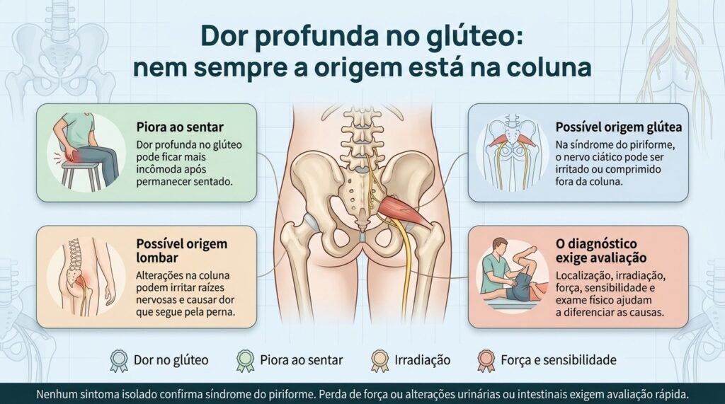 Infográfico mostra coluna lombar, piriforme e nervo ciático com diferenças entre possíveis origens da dor profunda no glúteo.