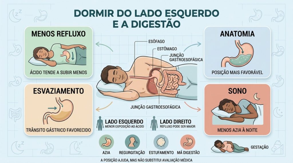 Posição esquerda favorece anatomia gástrica e pode diminuir refluxo durante o sono.