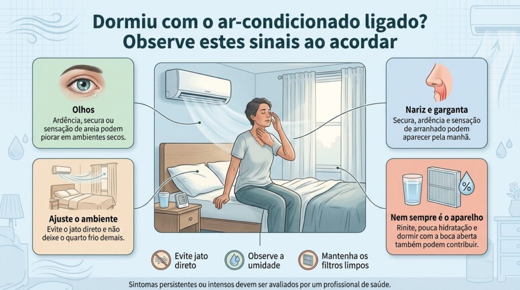 Ajustar fluxo de ar, temperatura e umidade pode melhorar o conforto, mas sintomas persistentes merecem investigação.