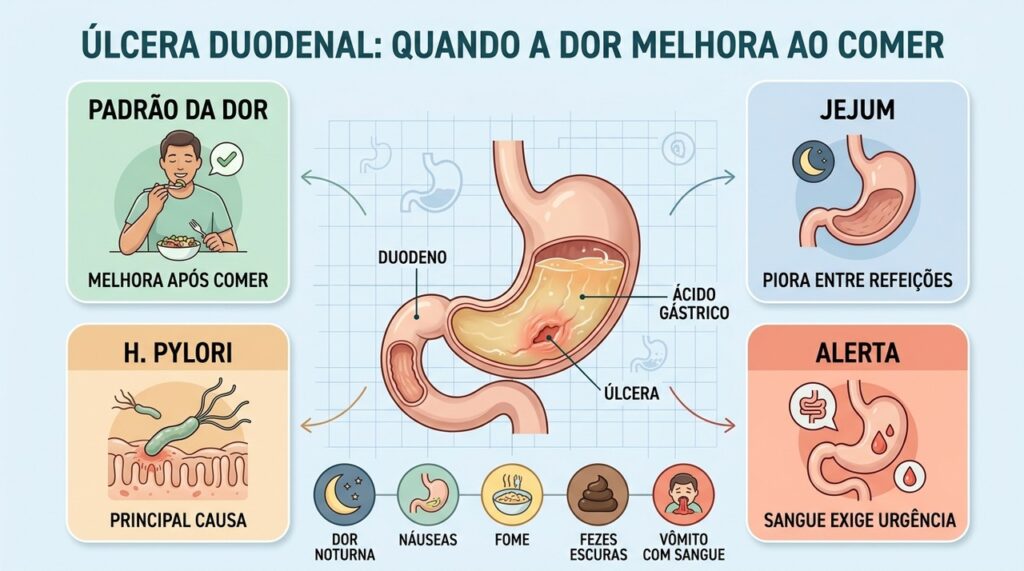 Dor noturna, H. pylori e sangramento são sinais importantes na úlcera duodenal.