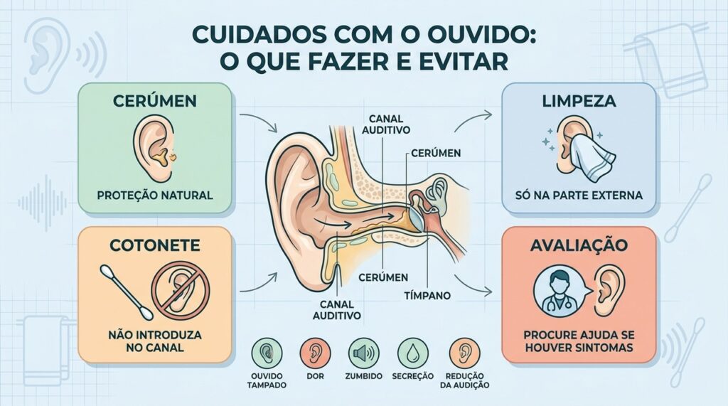 Cerúmen, limpeza externa e uso correto evitam irritações, tampões e lesões no ouvido.