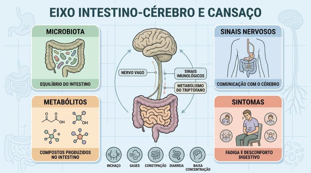 Microbiota, nervo vago, metabólitos e sintomas ajudam a explicar o eixo intestino-cérebro.