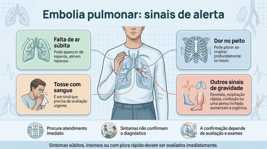 Falta de ar repentina, dor no peito ao respirar e tosse com sangue são sinais que justificam avaliação hospitalar imediata.