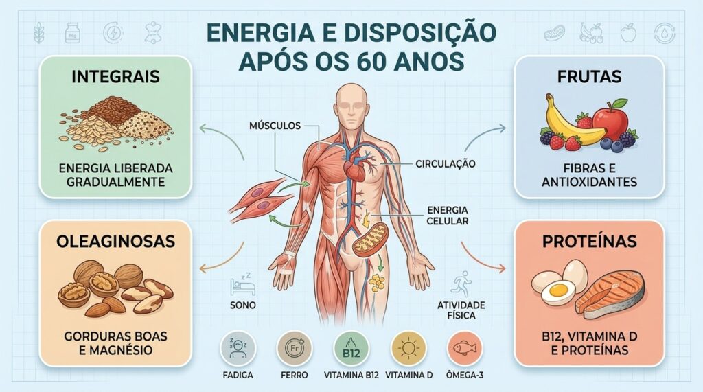 Alimentos integrais, frutas, oleaginosas e proteínas apoiam energia e disposição na terceira idade.