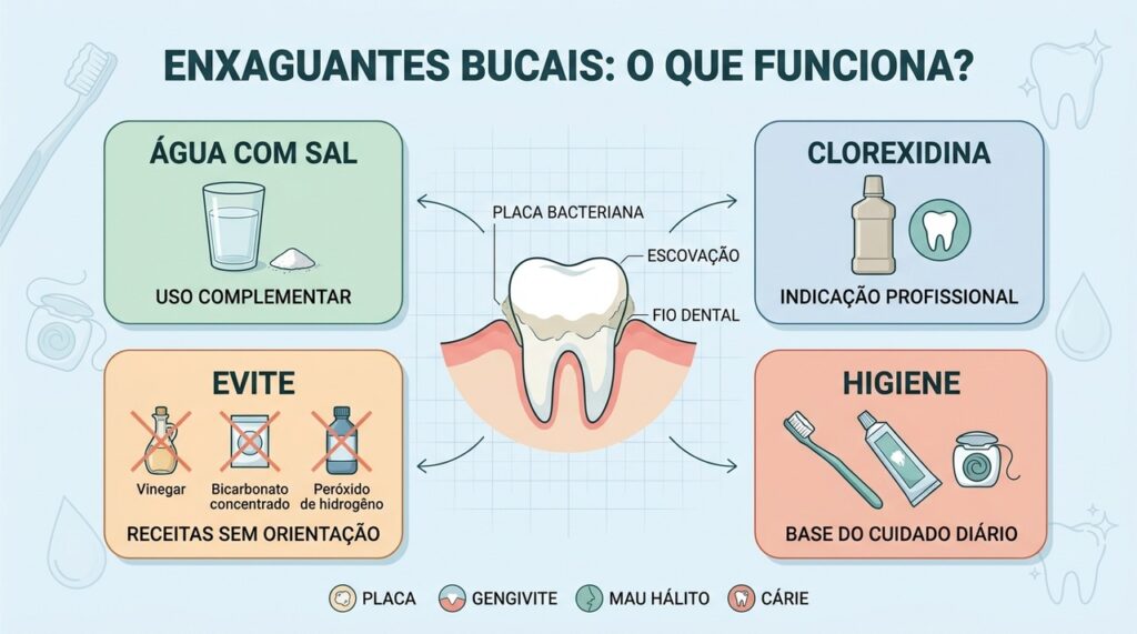 Escovação, fio dental e uso criterioso de enxaguantes sustentam a higiene bucal.