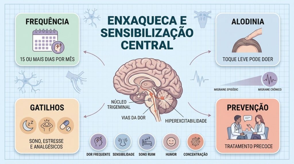 Frequência das crises, alodinia e gatilhos ajudam a reconhecer a sensibilização central precocemente.