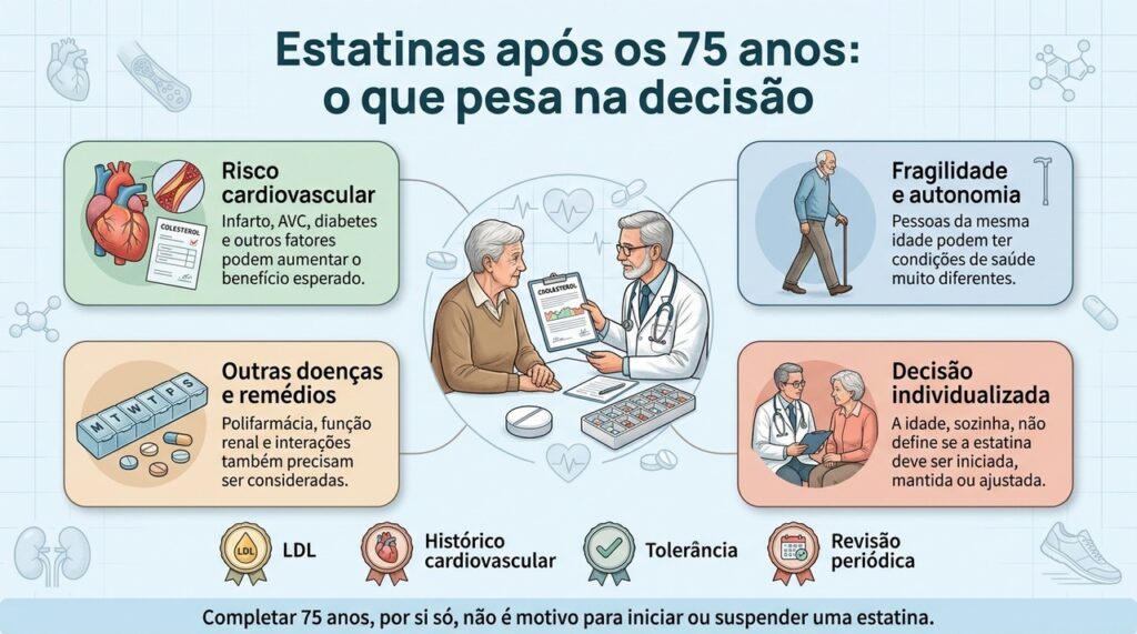 O uso de estatinas em idosos deve considerar risco cardiovascular, fragilidade, outras doenças, medicamentos e tolerância ao tratamento.