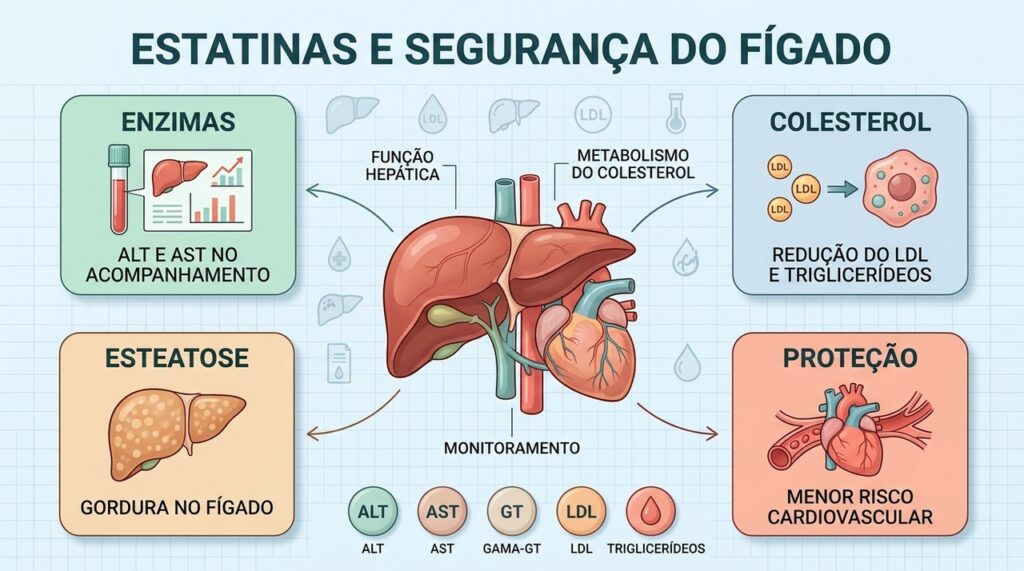 Quatro pilares orientam o uso seguro de estatinas em pessoas com esteatose hepática.