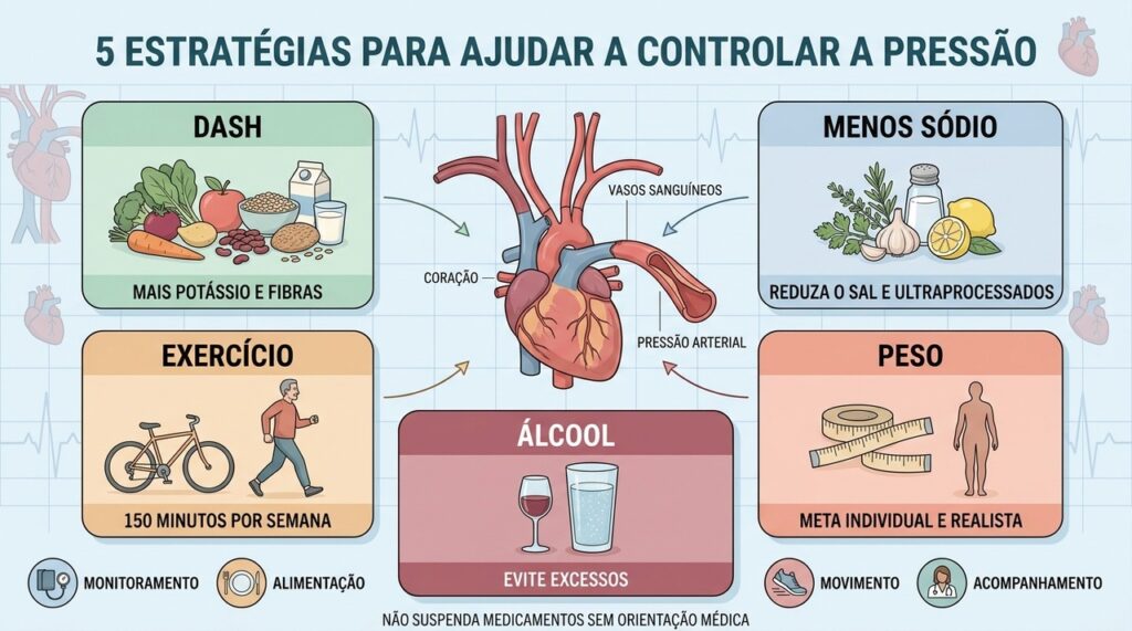 DASH, menos sódio, exercício, peso e álcool influenciam o controle pressórico.