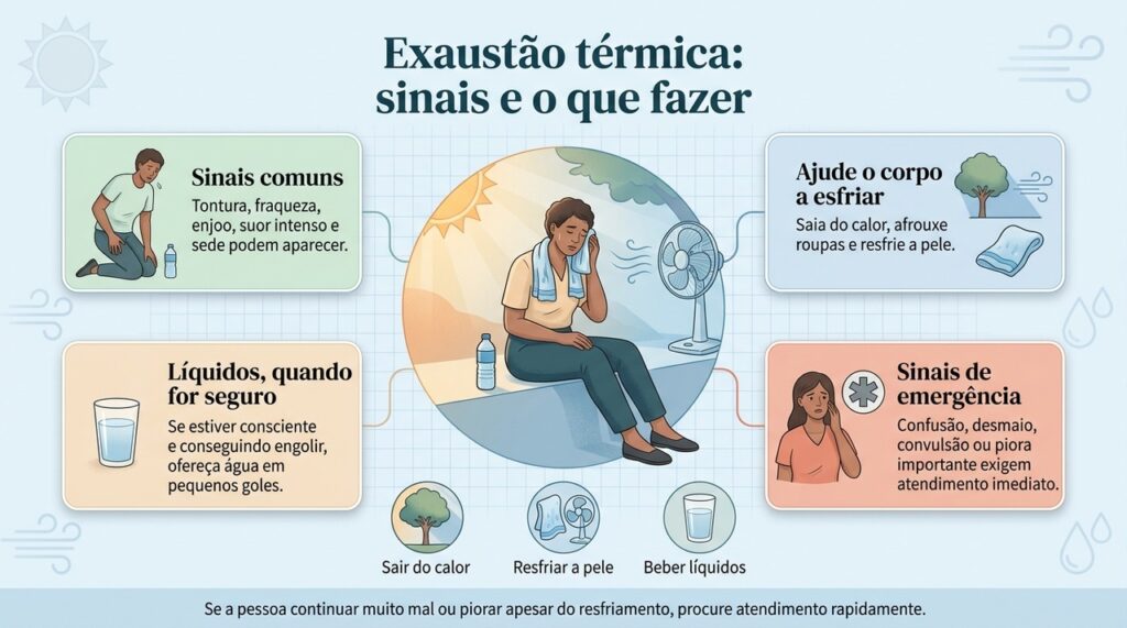 Confusão, desmaio, convulsão ou piora importante durante exposição ao calor exigem atendimento de emergência.