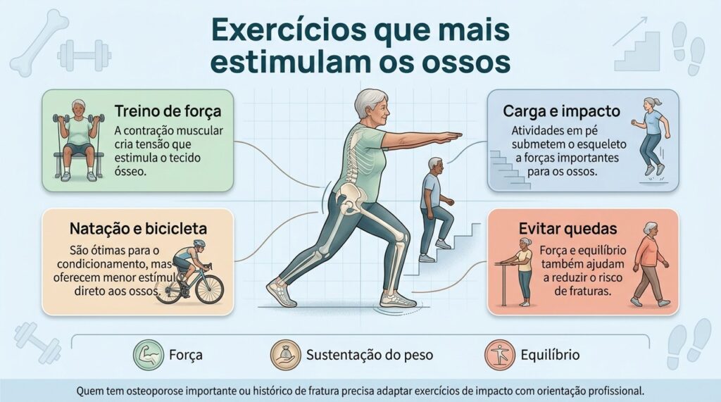 A combinação de força, exercícios com sustentação do peso e treino de equilíbrio é uma das estratégias mais completas para proteger os ossos.