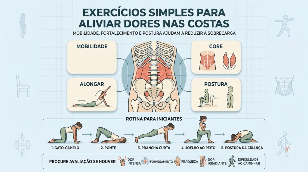 Mobilidade, core, alongamento e postura formam a base para cuidar das costas.