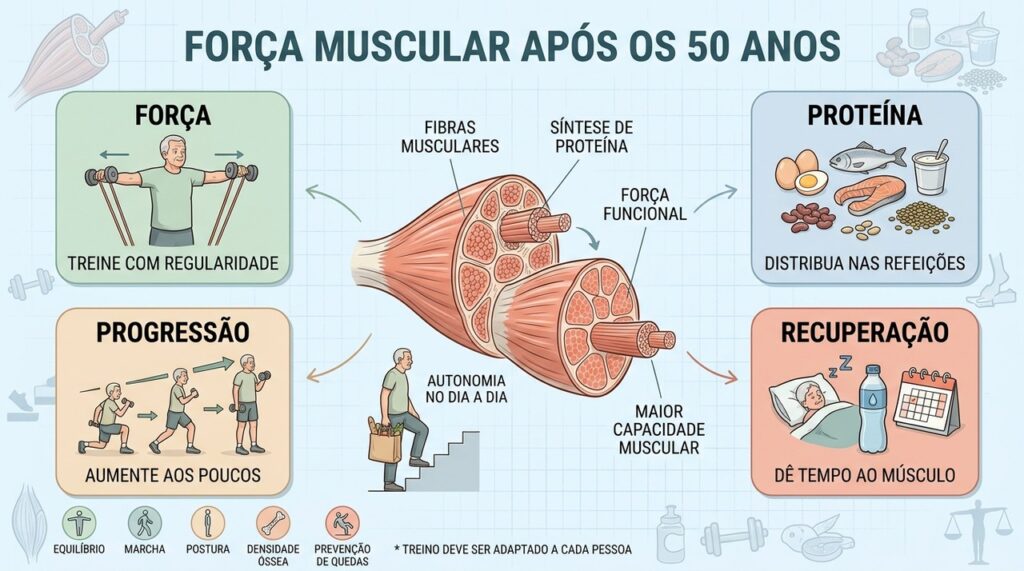 Força, proteína, progressão e recuperação sustentam ganhos musculares mais seguros após os 50.