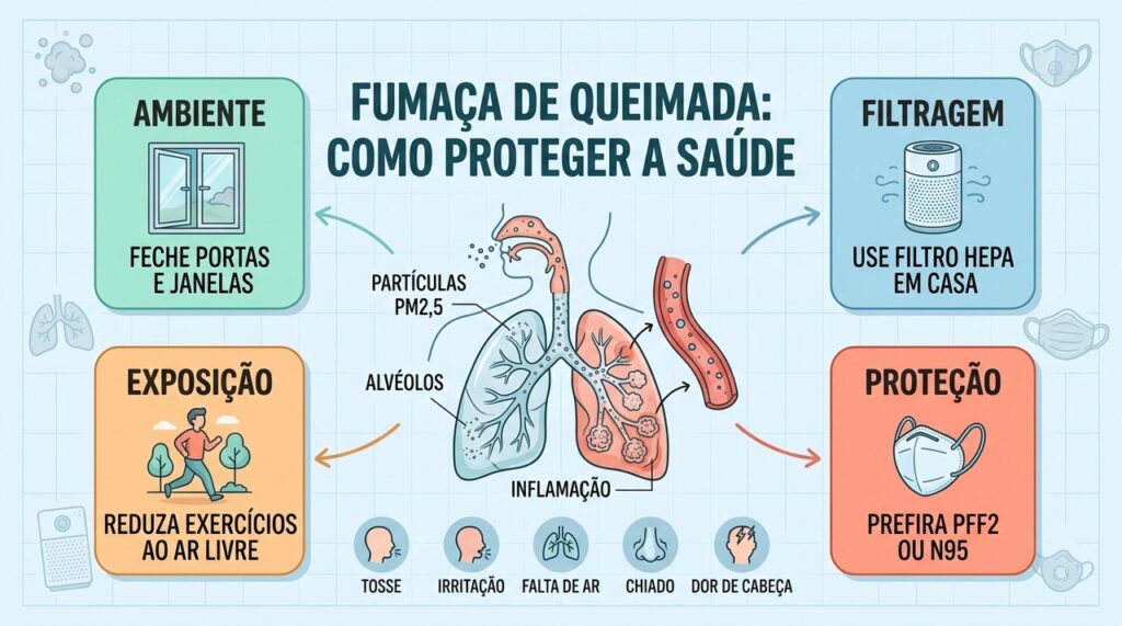 Fechar janelas, filtrar o ar, evitar esforço externo e usar PFF2 reduzem a exposição.
