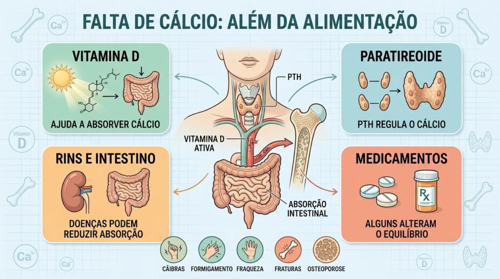 Vitamina D, PTH, absorção intestinal e doenças associadas influenciam o equilíbrio do cálcio.