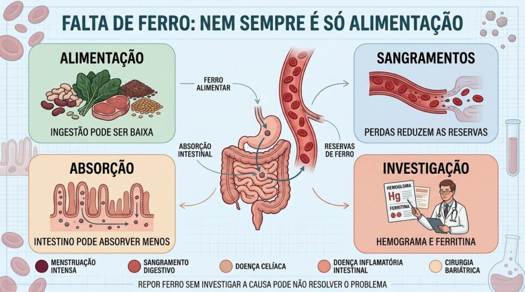 Alimentação, sangramentos, absorção e exames ajudam a explicar a deficiência de ferro.