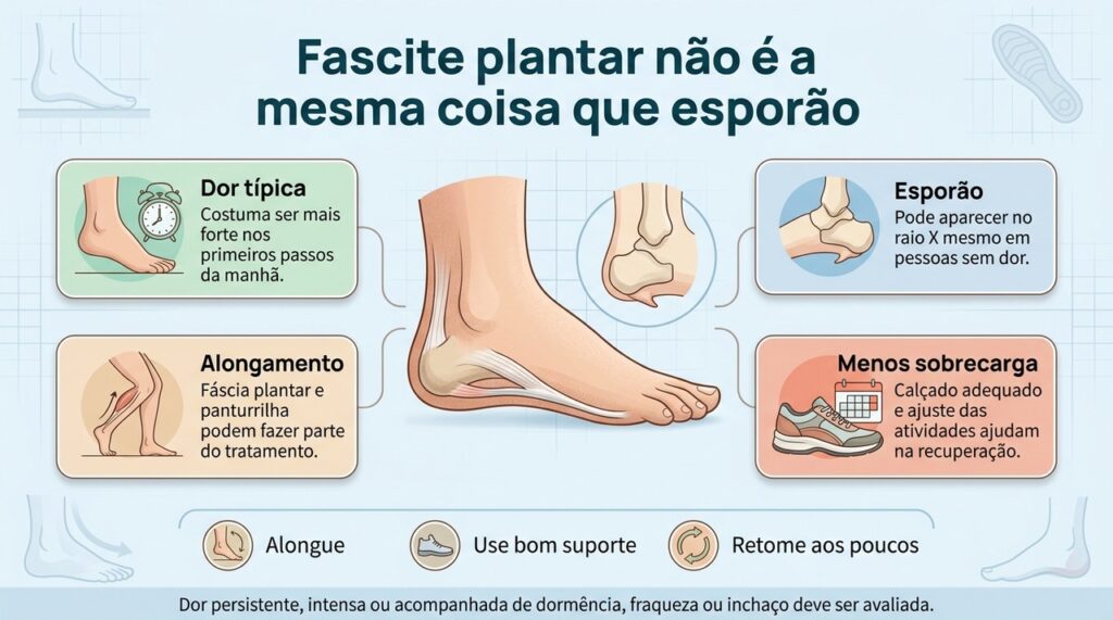 O tratamento da fascite plantar costuma focar redução da sobrecarga, alongamentos e recuperação gradual da função do pé.