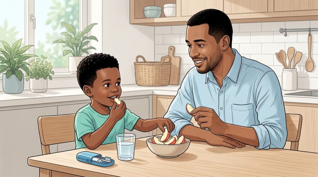 Água, frutas inteiras e bons exemplos familiares também protegem os dentes infantis.