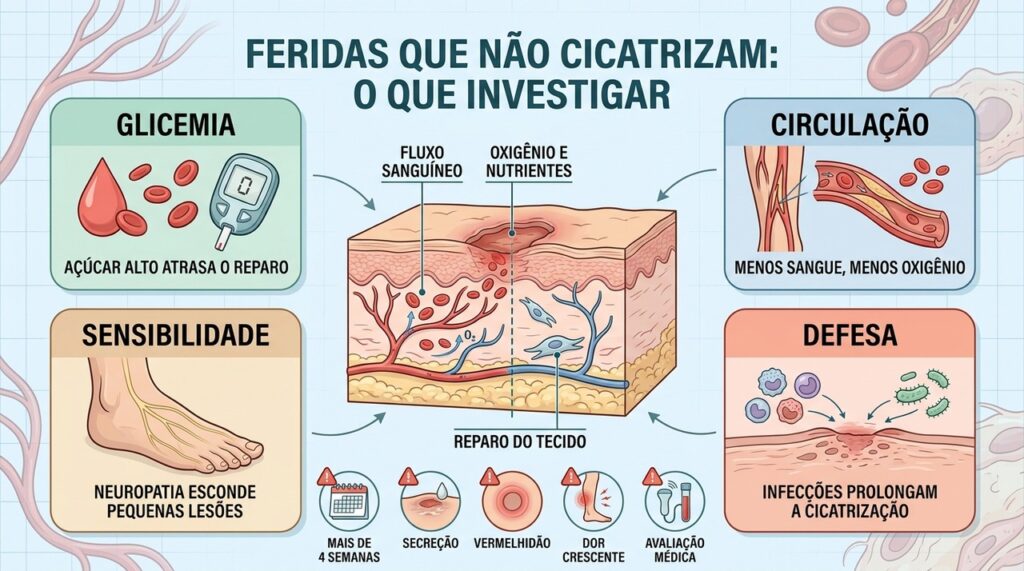 Glicemia, circulação, sensibilidade e defesa imunológica determinam a eficiência da cicatrização.