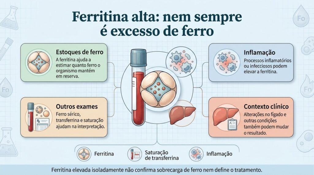 A ferritina pode subir por diferentes causas, por isso o resultado isolado não confirma excesso de ferro.