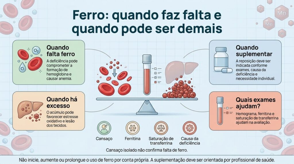 Exames ajudam a diferenciar deficiência de ferro de outras causas de anemia e evitam suplementação desnecessária.